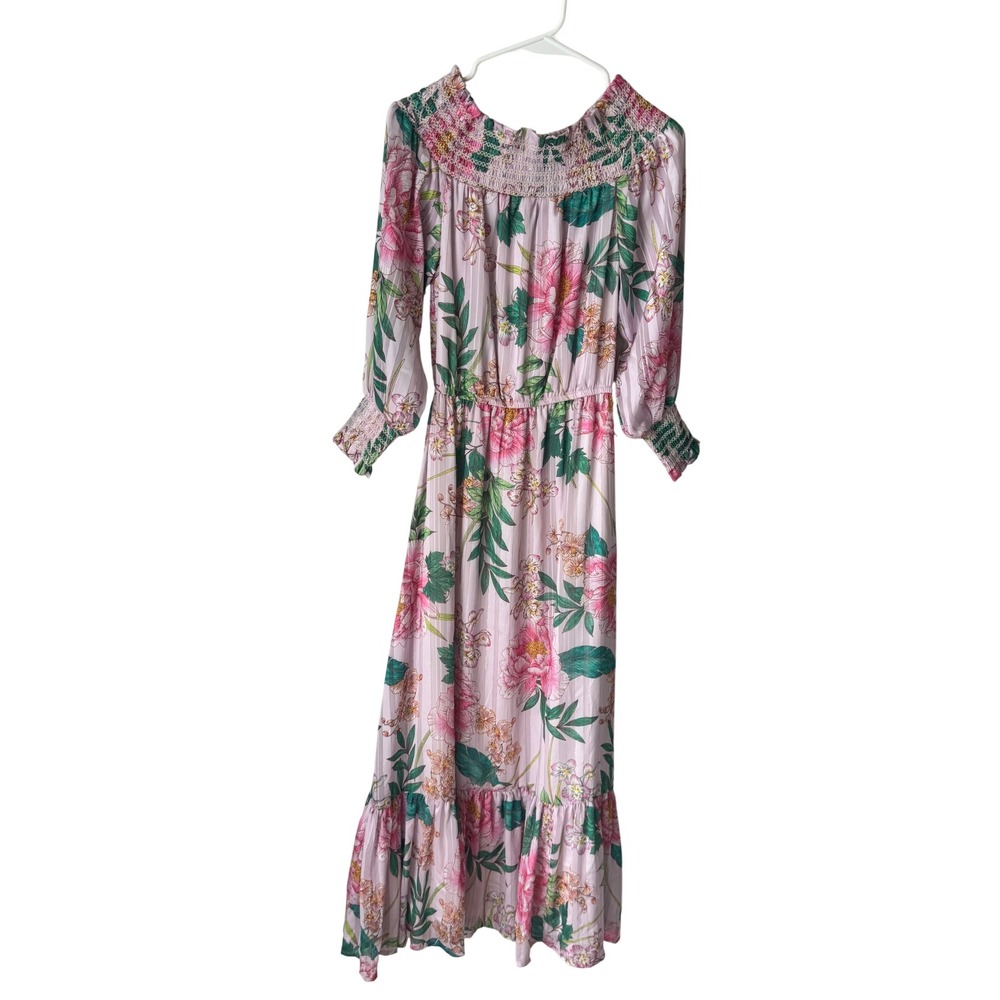 Boston Proper Pink Floral Smocked Off Shoulder Maxi Dress XXS Metallic Stripe